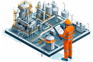 isometric illustration of a chemical plant with a worker in orange coveralls holding a clipboard