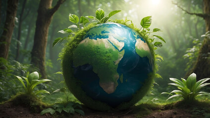 World environment day, A green globe representing Earth, partially covered with vibrant green leaves, symbolizing nature and environmental sustainability