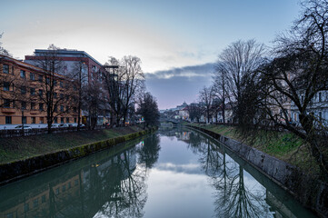 Scenic view of the old town of Ljubljana, Slovenia on a cloudy day