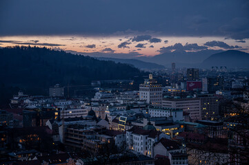 Aerial view of Ljubljana in Slovenia at night