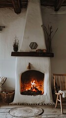 a living room with a white wall, a wooden armchair, and burning firewood on a coffee table, creating a cozy atmosphere.