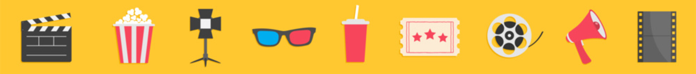 Obraz premium Cinema icon set. Soda glass straw, film strip, 3d glass, light projector, loud speaker. Popcorn box Movie reel Open clapper board Ticket Admit one three stars. Yellow background. Flat design. Vector