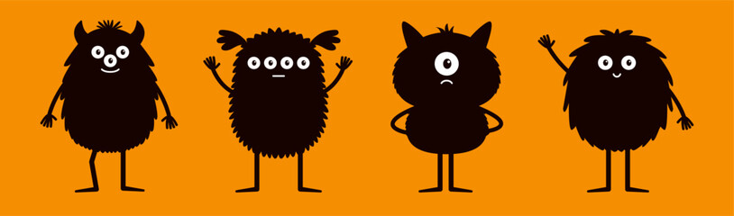 Black silhouette monsters. Happy Halloween. Monster set line. Cute different faces. Kawaii cartoon funny boo character. Eyes, teeth, horns, hands. Childish style. Flat design. Orange background Vector