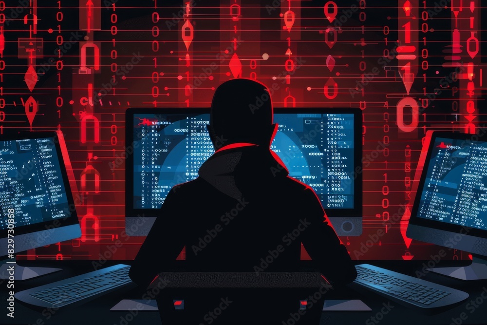 Poster dark silhouette in front of multiple computer screens, symbolizing cybersecurity and protection agai