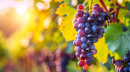 Close-up of ripe grapes on the vine during sunset in vineyard