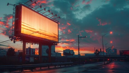 Obraz premium A vibrant billboard stands tall against a colorful sunset backdrop, casting a warm glow on the roadside scenery