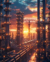 A beautiful sunset over an oil refinery
