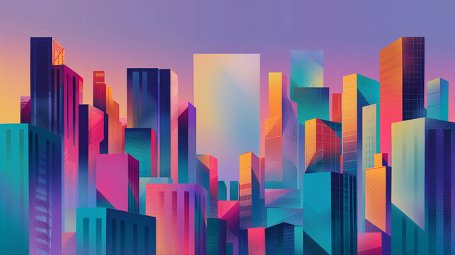 An abstract cityscape with buildings of various colors, complemented by a violet gradient rectangle in the sky