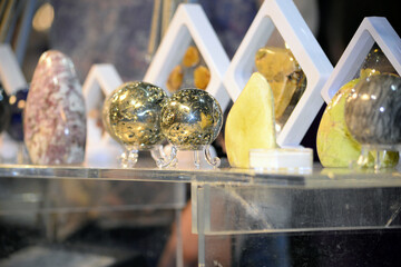 Selection of precious and semiprecious stones on the market. Beautiful natural crystal stone minerals, close up photography, colors and textures. 
