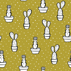 Cactus Vector Seamless pattern. Nature. Hand drawn doodle cacti. Desert Floral background. Color succulents print in the scandinavian style