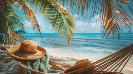 Obraz premium Straw hat on hammock under palm tree leaves with ocean view and clear sky representing a relaxing tropical beach vacation. Generative Ai.