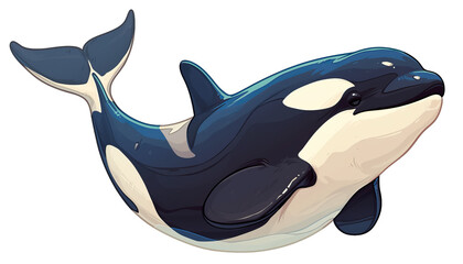 Cute cartoon orca whale illustration with a playful expression, blue and white colors, isolated on a white background.