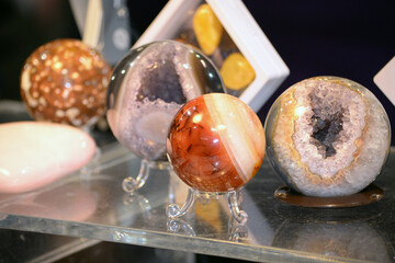 Selection of precious and semiprecious stones on the market. Beautiful natural crystal stone...