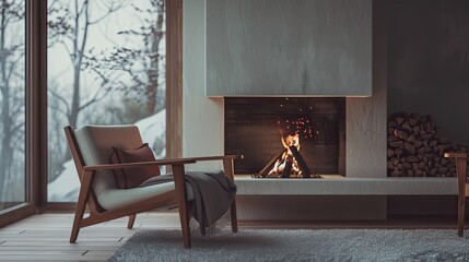 a living room with a white wall, a wooden armchair, and burning firewood on a coffee table, creating a cozy atmosphere