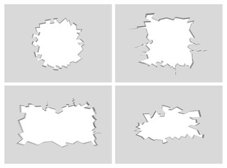 Broken panel with fractures and cracks. Vector isolated set of realistic demolished walls revealing copy space, blank place for text. Barrier with fractured surface, concrete and plaster