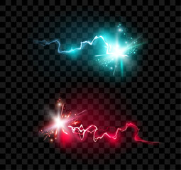 Flash light thunderbolt spark versus fight. Vector thunderbolt flight, power of storm, electric powerful discharge of energy and force. Colorful bolts glowing burst effects, transparent background