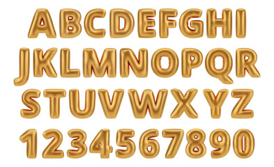 ABC letters and numbers, isolated realistic golden balloons font. Vector glossy alphabet symbols and characters, inflatable numeric for birthdays or party decorations. English typeface design