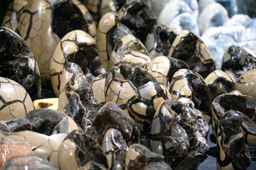 Selection of precious and semiprecious stones on the market. Beautiful natural crystal stone minerals, close up photography, colors and textures. 
