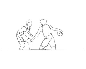Continuous single line drawing of two male basketball players face each other. basketball tournament event . Design illustration