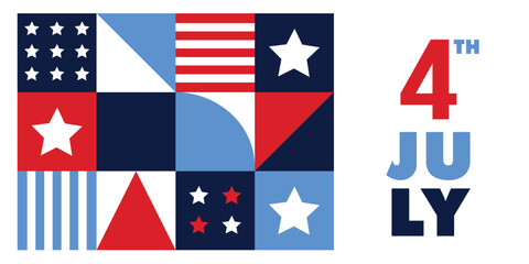 Happy Independence day, 4th July holiday. Modern geometric greeting card, invitation. Abstract design. Stars, stripes, USA flag colors. Vector illustration background, web banner. Memorial, labor day.