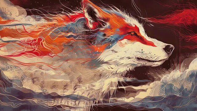 motion effect red wolf with blowing smoke