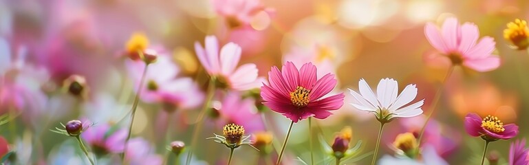 Flores coloridas del cosmos en un campo con un fondo borroso. Un hermoso paisaje natural de primavera o verano. Banner de fondo para un jardín, diseño floral