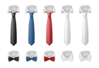 Formal wear of men, isolated necktie with collar shirt. Vector realistic accessories for tuxedo or official suit. Satin or cotton ties and bows with polka dot and diagonal stripes. Businessman costume