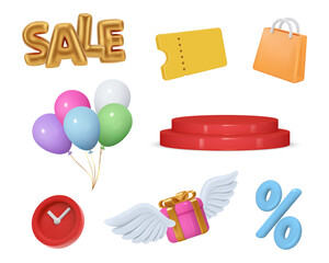 Promotion sale, isolated set of balloon text, podium for product presentation. Vector realistic 3d coupon, shopping bag and clock, limited time offer for clients, giftbox with wings and percent