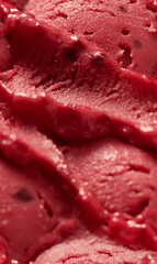 cherry sorbet surface close-up shot, a closeup of the cherry sorbet texture, highlighting its smooth and icy base with a bright red color