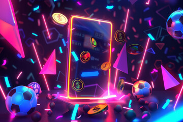 Smartphone with neon outline surrounded by floating sports balls and coins against a dark, futuristic background.