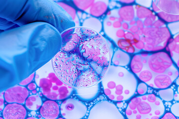 Hand of linical research laboratory technician with sample of cancer cells with typical pink colored cells for microscopic analysis. Cancer research, new drug development.
