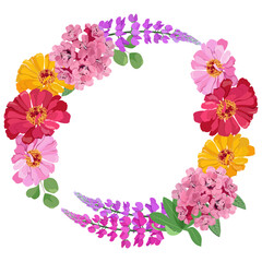 Decorative vector wreath of garden flowers,chrysanthemum, lupine, eucalyptus and rhododendron