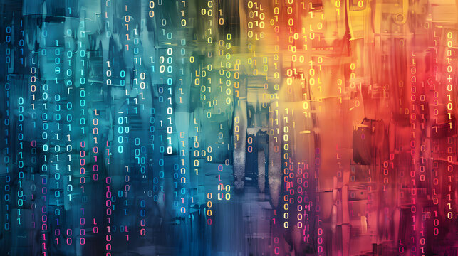 Digital binary code matrix texture watercolor background. Generative AI.