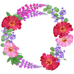 Decorative vector wreath of garden flowers, chrysanthemum, lupine, eucalyptus and lavender