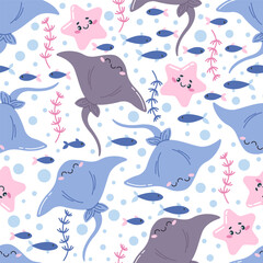 Cute vector seamless pattern with starfish and stingrays. Summer background. Marine animals. Ideal for children's bed linen, wallpaper, wrapping paper, fabric, textiles, T-shirt prints