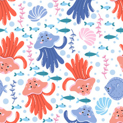 Cute vector seamless pattern with colorful jellyfish and fish. Summer background. Marine animals. Ideal for children's bed linen, wallpaper, wrapping paper, fabric, textiles, T-shirt prints