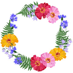 Decorative vector wreath of garden flowers, chrysanthemum, cornflowers, lavender and campanula