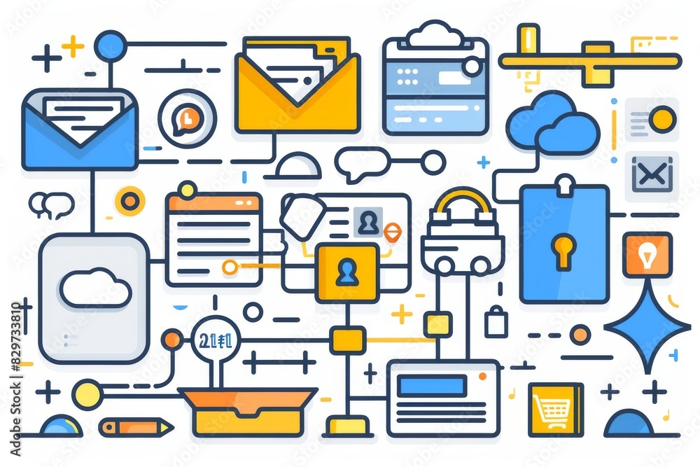 Poster colorful tech icons on a white background, representing secure data protection and technology in a v