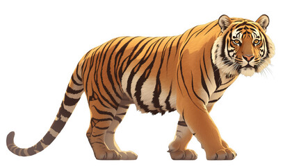 Illustration of a majestic tiger with bold stripes, highlighted in a dynamic pose, showcasing its powerful presence and natural beauty.
