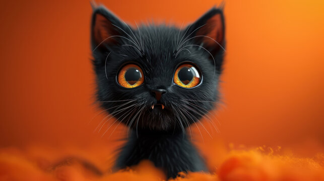 adorable black kitten with vampire teeth and orange eyes on a spooky orange background