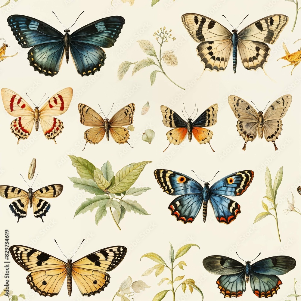 Wall mural ai-generated image of a collection of butterflies and moths