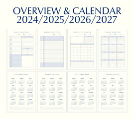 Overview and Calendar 2024/2025/2026/2027, Minimal Style, Week start Sunday, Corporate design planner template.