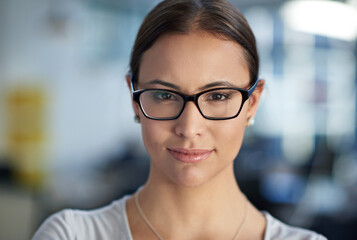 Business woman, portrait and serious in office with glasses for career and newspaper writer....