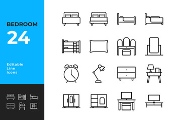 Bedroom icons set. Containing bed, wardobe, armchair, alaram and more. Thin icon collection. Vector illustration