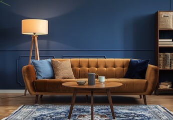 Cozy Urban Living Room Interior with Dark Blue Walls and Leather Sofa