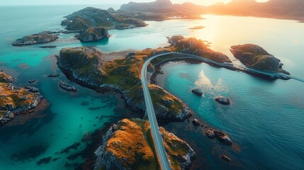 Breathtaking aerial view of a curvy road winding through rugged islands with turquoise waters and rocky terrain - Powered by Adobe