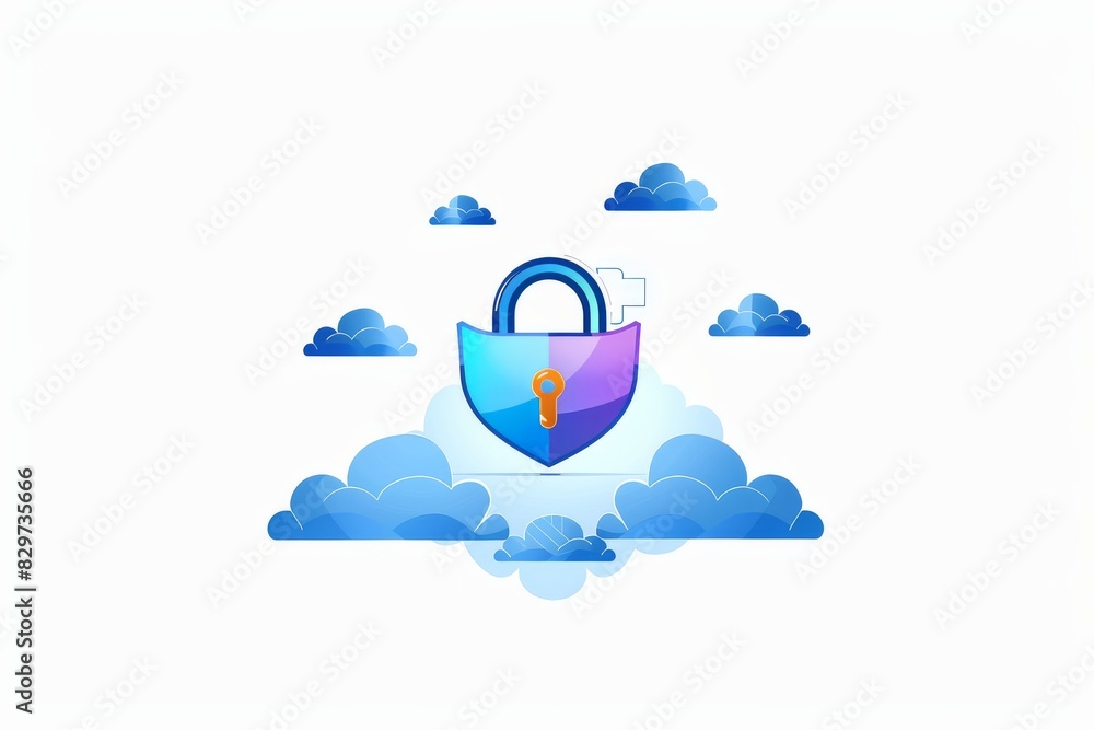 Poster cloud with padlock, symbolizing secure data storage and privacy in a digital cloud environment.