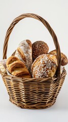 various breads and croissants in a basket on a white background, with professional color grading, soft shadows, and no contrast.