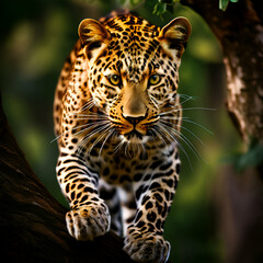 Fototapeta premium a leopard is walking up and down the tree on its branches tree back ground generate ai