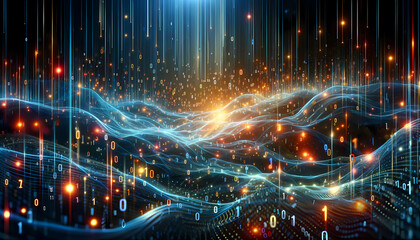 A futuristic landscape filled with flowing lines, glowing points of light, and digital streams, representing a dynamic interplay of data within a cityscape